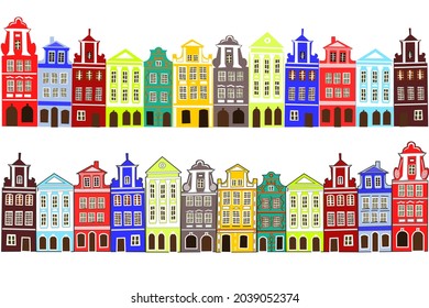 Un conjunto de casas coloridas. Una acogedora calle de Europa con casas antiguas. Ruta turística. Casco Antiguo en Praga, República Checa, Ámsterdam.