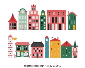 Set with colorful houses in Scandinavian style. Isolated on white background flat design vector illustration