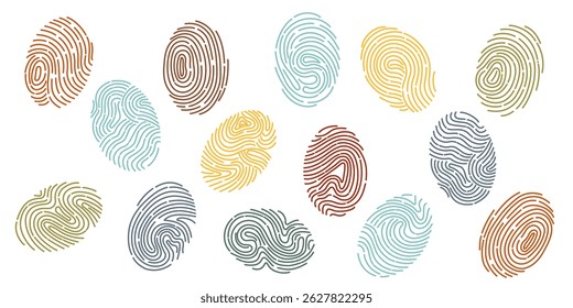 Set of colorful human fingerprints isolated on white. Personal id identity. Unique touch id. Vector hand drawn cliparts.