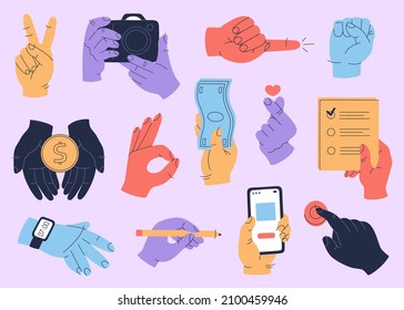 Set of colorful human hands with a different objects, clock, phone, pen, coin, banknote, camera and icons of various gestures. Vector illustration isolated on purple background. Flat cartoon style.