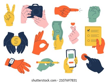 Set of colorful human hands with a different stuff, phone, pen, coin, banknote, camera and icons with various gestures. Hand drawn vector illustration isolated on white background. Flat cartoon style.