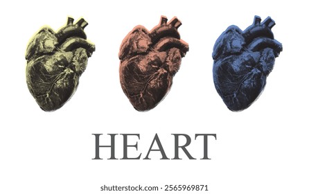 Set Colorful Human heart vector illustration stipple effect. vintage retro halftone elements for mixed media design. dotted pop art style.