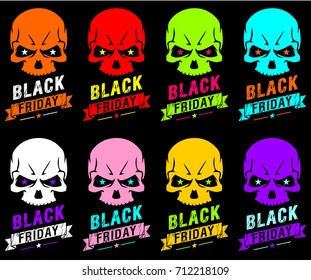 Set of colorful human skulls for decoration of t-shirts, backdrops, banners, pictures on black Friday. Vector illustration