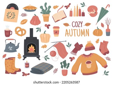 Set of colorful hygge elements for cozy autumn design isolated on white background. Vector illustrations collection.