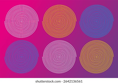 Conjunto de círculos espiral hipnóticos coloridos no fundo de gradiente rosa e roxo