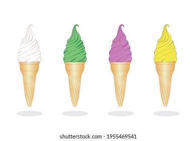 set of colorful of ice cream cone or soft cream cone drawing in vector