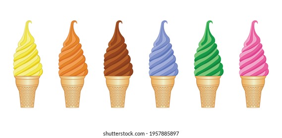 set of colorful ice cream cone or soft cream cone drawing in vector