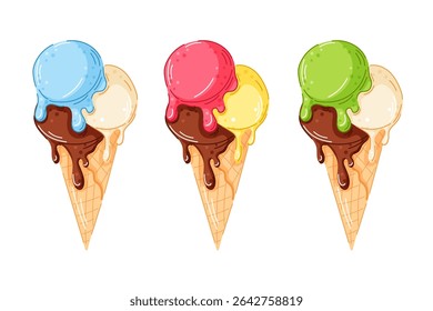 Set of colorful ice cream cone with different flavor in waffle cone in cartoon style isolated on white background. Summer dessert with blueberry, strawberry, pistachio, almond, lemon and chocolate