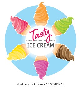 set of colorful ice cream cones, sweet dessert, summer background, ice cream banner