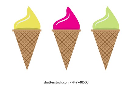 Set of colorful ice cream cones with flat color style design.