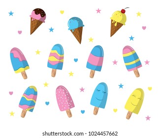 Set of colorful ice cream with different kind ice cream isolated over white background. Vector illustration
