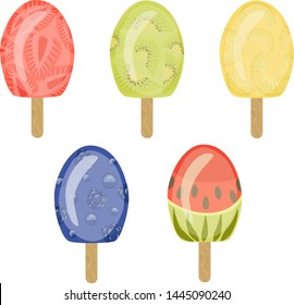 Set of colorful ice cream with fruit isolated on the white background. Popsicles on the stick.Sorbet. Frozen juice with yogurt. Vector illustration. 