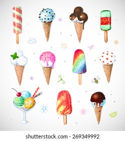 Set of colorful ice cream hand drawn with watercolor. Chocolate and caramel topping, mint, ice cream cones and ice cream scoops. Vector illustration.