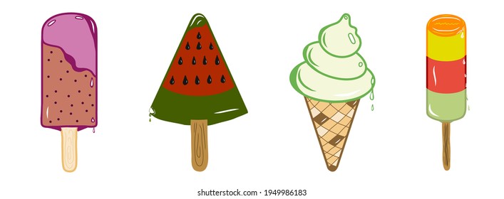 Set of colorful ice cream icon illustrations. Idea for decors, logo, ornaments, wallpapers, gifts, damask, paper, templates, celebrations, summer holidays, food sweet themes. Isolated vector art.