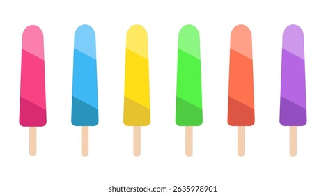 Set of colorful ice cream in pink, blue, yellow, green, orange, purple.Popsicle sticks collection isolated on white background.Vector graphic illustration.Summer element. 