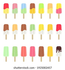 Set of colorful ice cream, popsicle. Summer food and dessert. Vector elements for ice cream shop, sweet shop, confectionery, cafe, cafeteria, packaging, wrapper, menu, label, signboard and sales flyer