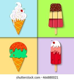 Set of colorful ice cream, realistic paper. Modern material design icons. Trendy food background, digital art. Vector ice cream illustration