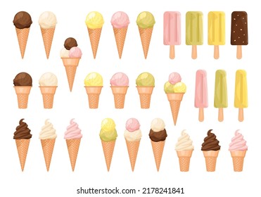 Set of colorful ice cream sundae cone in flat design. Summer clip arts illustration 