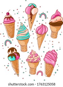 Set of colorful ice cream in waffle cups. Design for t-shirts, stickers, and logos.
