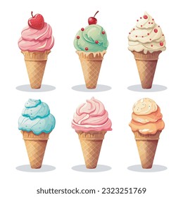 Set of colorful ice cream in waffle cones. Vector illustration.