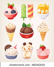 Set of colorful ice creams illustrations for summer menu and truck labels