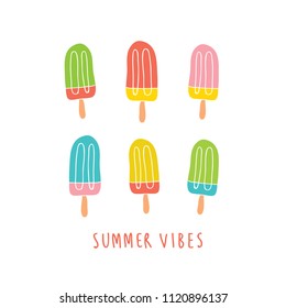 Set of colorful ice creams isolated on white with summer vibes headline. Summer postcard design. Summer vacation vector illustration