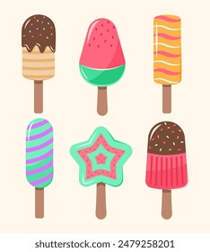 Set of Colorful Ice Creams and Popsicle for Sweet and Dessert Concept Illustration Clip Art