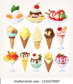 Set of colorful ice creams in waffle cups and cones and in glasses. Isolated vector illustration