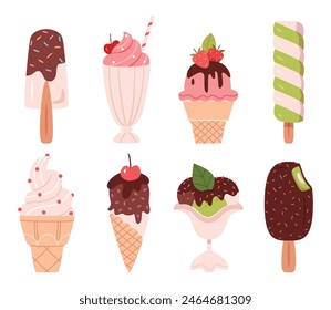 Set of colorful ice creams in waffle cups and cones and in glasses.