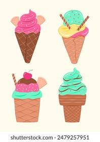 Set of Colorful Ice Creams with Waffle Cone for Sweet and Dessert Concept Illustration Clip Art