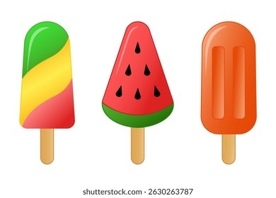 Set of colorful ice creams with watermelon and fruit flavors, isolated on a transparent background. Bright vector illustration of a summer dessert