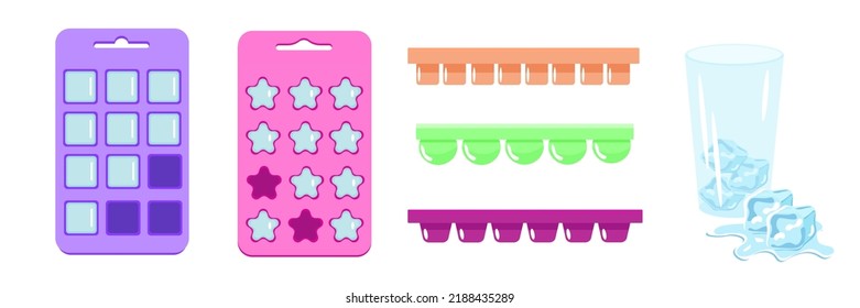 Set colorful ice molds in cartoon style. Vector illustration of ice in the form of a square, stars, circle, ice in glass on white background.