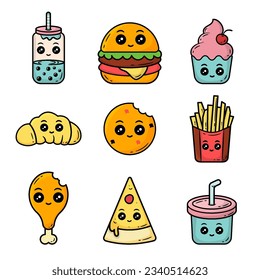 Set of Colorful Icon Fast Food Kawaii Doodle