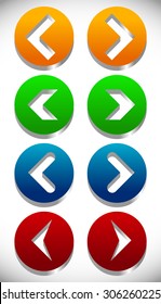 Set of colorful icons, buttons with arrows, arrowheads pointing left and right. editable vector.