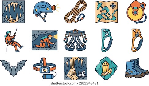 Set of colorful icons for cave exploration and underground adventure.