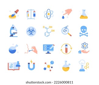 Set of colorful icons of chemical laboratory. Flasks for chemical experiments, biotechnological or medical analysis with microscope. Cartoon flat vector collection isolated on white background