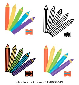 A set of colorful icons for childrens toys, colored pencils, coloring book drawing, childrens book illustration, flat vector graphics