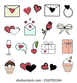 a set of colorful icons for decorating birthday greetings, love symbols, Valentines day, flat vector graphics with a black outline, the ability to change colors