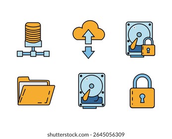 A set of colorful icons depicting data management: database, cloud upload download, secured hard drive, folder, and padlock. Perfect for IT, data security, and cloud computing themes.