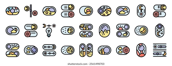 Set of colorful icons depicting day and night mode toggle switches, symbolizing the transition between light and dark settings