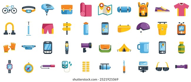 Set of colorful icons depicting various equipment and gear used for camping and cycling