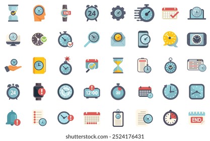 Set of colorful icons depicting various aspects of time management, emphasizing the importance of deadlines, schedules, and punctuality