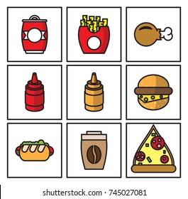 set of colorful icons of fast food products,unhealthy food
,vector image, flat design, black outline,