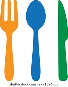 A set of colorful icons featuring a fork, spoon, and knife on a white background