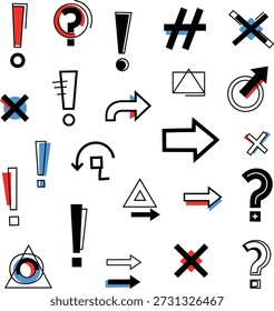 A set of colorful icons featuring punctuation marks and symbols, including arrows and special characters.