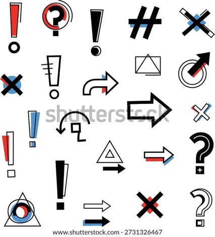 A set of colorful icons featuring punctuation marks and symbols, including arrows and special characters.