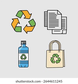 A set of colorful icons featuring recycling symbol, documents, plastic bottle, and reusable bag. Perfect for sustainability, waste management, and eco-conscious themes.
