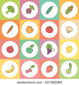 Set colorful icons with fruits and vegetables in circles.