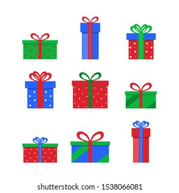Set of colorful icons of gift boxes. Flat design for Christmas present on a white background. Vector illustration.