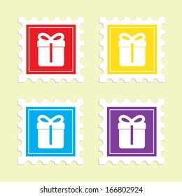 Set of colorful icons of gift boxes on light background. Vector version. 
